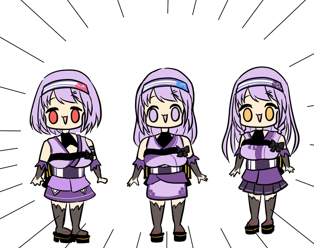 purple hair japanese clothes thighhighs red eyes 3girls chibi kimono  illustration images