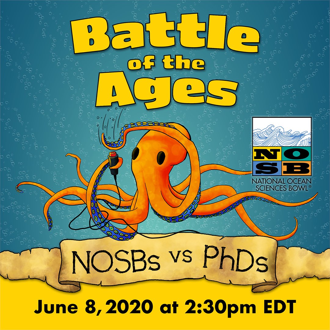 MTSociety's tweet photo. On June 8 @2:30 PM (EST), it's a "Battle of the Ages!" Moderated by MTS President Rick Spinrad, the '20 National Ocean Sciences Bowl (NOSB) champs take on leading ocean experts in a one-day-only NOSB match.
Get your virtual ring-side seat at https://t.co/qQnBdi1WHO
#NOSBvsPhD https://t.co/rMCyKCOdaq