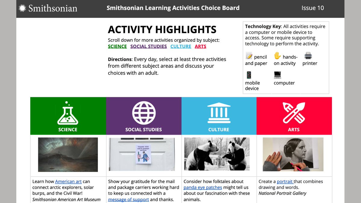 Issue 10 of our “<a href="/smithsonian/">Smithsonian</a> Learning Activities Choice Board” is here! Keep kids engaged at home with 20 hands-on, low-tech, and high-tech activities in science, social studies, culture, &amp; the arts: s.si.edu/choiceboard_05… #SmithsonianEdu