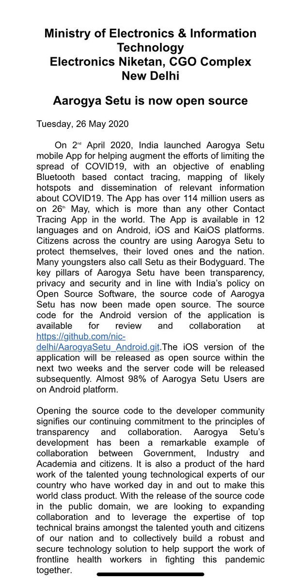 The  #AarogyaSetuApp is now open source. Read the attached release documents to know more.