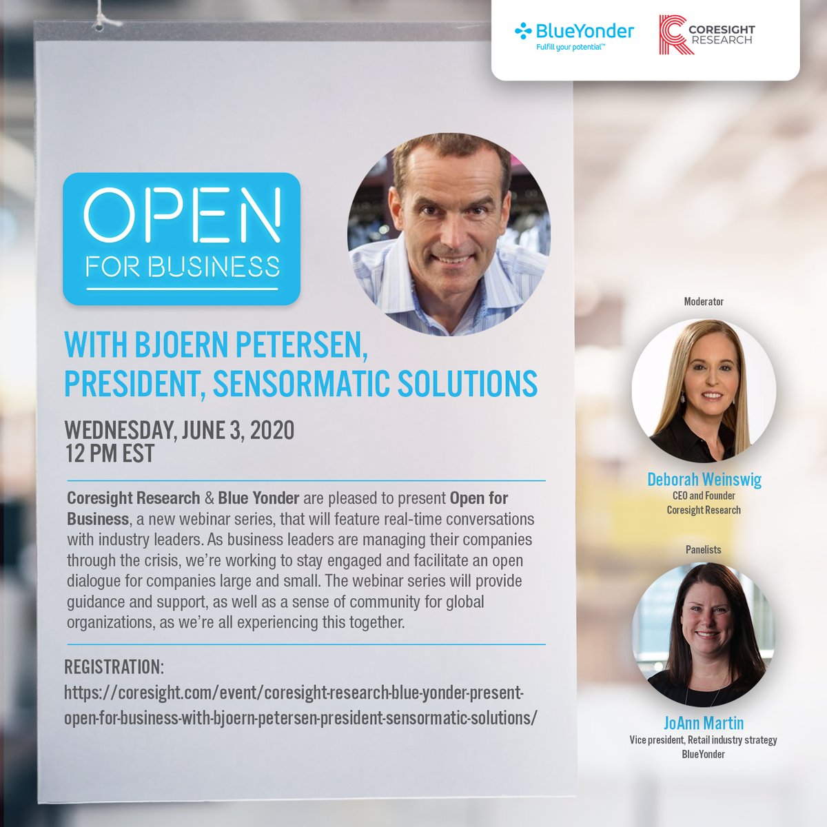 Sensormatic's tweet image. Join Bjoern Petersen, President, @Sensormatic Solutions on June 3 as he gives his insights on the current &amp;amp; future state of #retail during the &quot;Coresight Research &amp;amp; Blue Yonder Present: Open for Business” webinar. Register here: on.jci.com/2TI2LZD @CoresightNews @BlueYonder