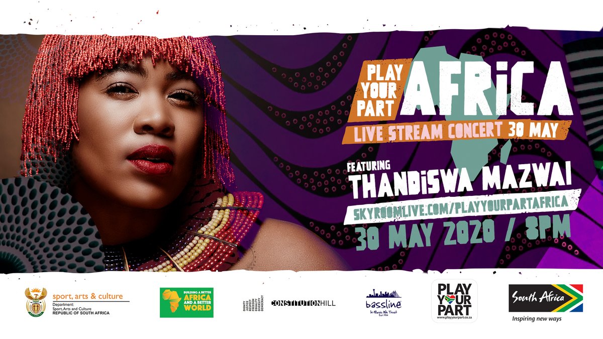 To close off Africa Month celebrations, <a href="/Brand_SA/">@Brand_SA</a>,  <a href="/SportArtsCultur/">Department of Sport, Arts and Culture</a> <a href="/VisitConHill/">Constitution Hill SA</a> &amp; <a href="/Bassline_live/">Bassline Live "In Music We Trust"</a> proudly present the #PlayYourPart Africa Live Stream Concert featuring South Africa’s songstress supreme <a href="/thandiswamazwai/">Thandiswa Mazwai</a>. bit.ly/3ep2B0T #TheAfricaWeWant