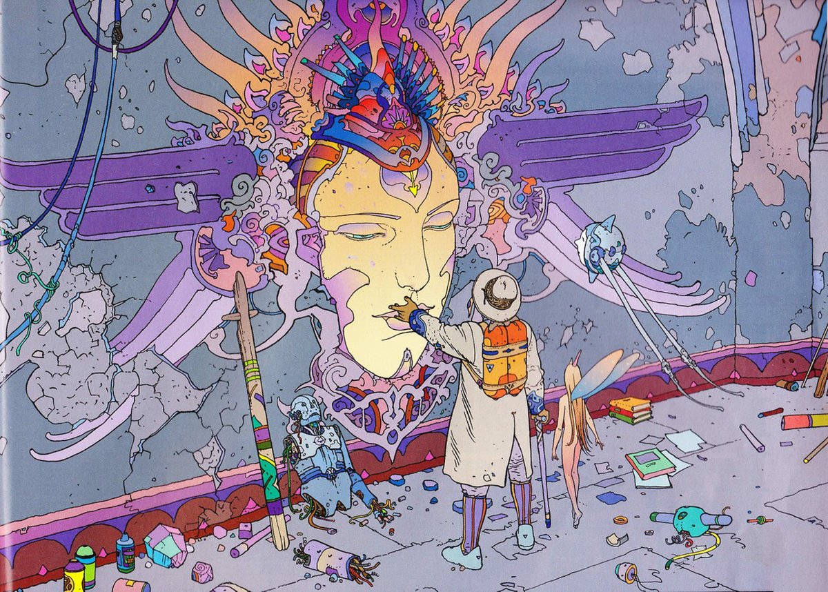 humanoidsinc's tweet photo. In 2001, #Moebius released a special portfolio called Mystere Montrouge for the exhibition at the Salons de l’Hôtel de Ville. The story of the portfolio follows a woman, Stel, who searches for the Parisian commune with the aid of a fairy. #MoebiusMay https://t.co/jbwYF9skMz