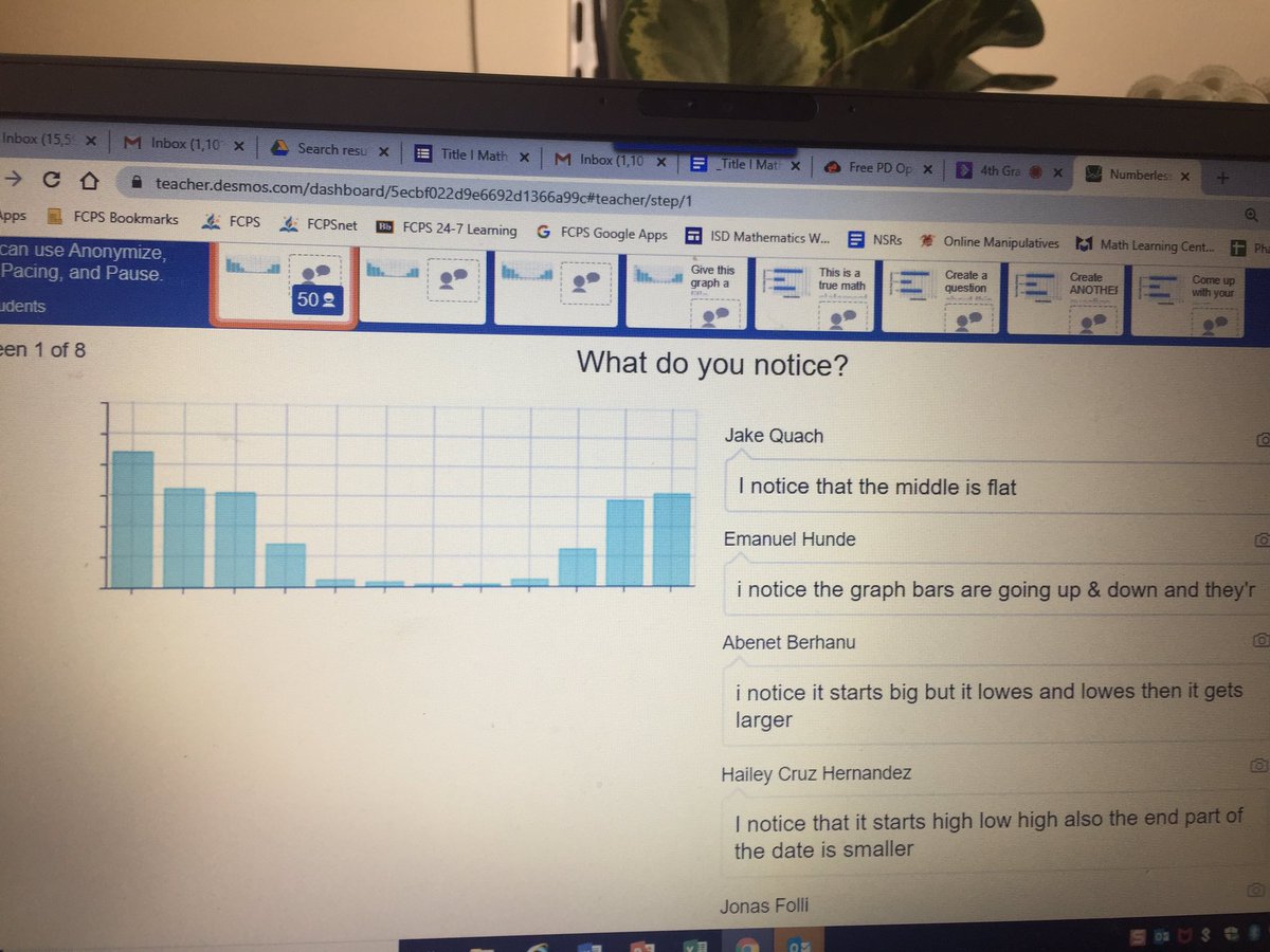 KellyQHalpin's tweet photo. The 4th grade team @WeyanokeES used @desmos to explore a slow reveal graph. Teachers highlighted student thinking to support Ss in making sense of the graph. Amazing to see this innovative teaching and learning live! https://t.co/zMLBiQGCKi