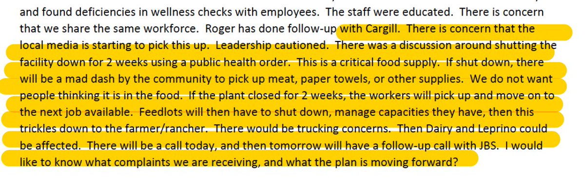Why are relationships w/ meatpackers so important to local health dept's?Readouts of meetings in NE Colorado on April 9 help explain why. It's "critical food supply." Shutting down  @Cargill could lead to a domino effect. "We do not want people thinking it is in the food." 3/10