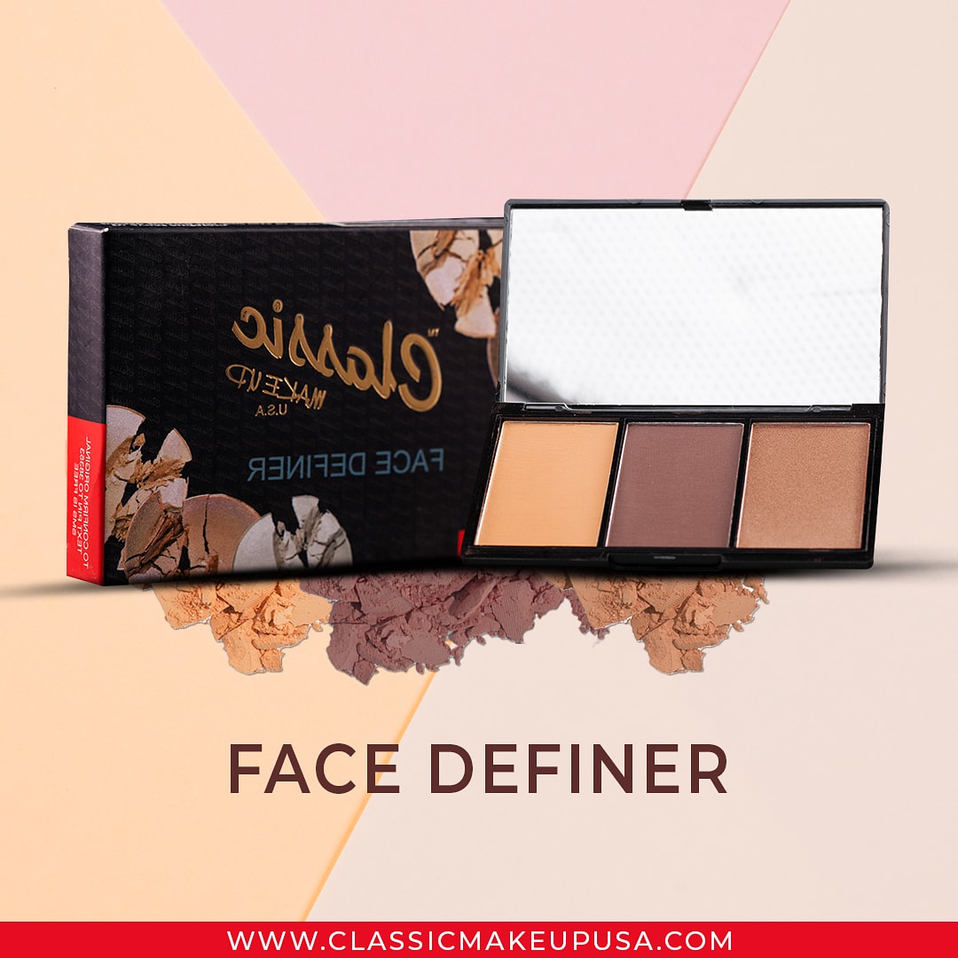 With multi-tasking elements such as contour powder, highlighter and/or blusher or bronzer, The Classic Makeup USA Face definer  is the ultimate face definition kit in one neat compact designed to suit all skintones.  Available in 3 Shades: Light, Medium and Dark.