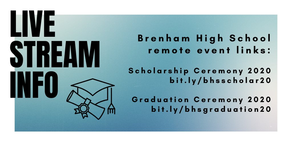 BISD is excited to offer livestreams of <a href="/BrenhamHS/">Brenham High School</a> Scholarship Ceremony and Graduation Ceremony! #IChooseBrenham #GreatThingsBrenham #Classof2020

Scholarship Ceremony
Mon, June 1 at 8pm
buff.ly/2LXdESP

Graduation Ceremony
Sat, June 6 at 8pm
buff.ly/2zxvJnV