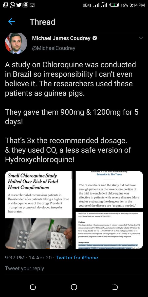 ... point 5 studies/facts for the HCQ combo. And what we're seeing with these "against" studies IMO is the antithesis of science; where research is carried out to debunk an existing truth. Take this for example; one of the earliest studies against HCQ in Brazil, peep the thread