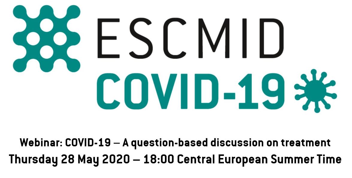 ESCMID's tweet photo. The next ESCMID #COVID_19  live webinar, 'A question-based discussion on treatment' is taking place this Thursday, May 28 at 18:00 CEST.

Find out more on the ESCMID Website at https://t.co/M6sXt8ri1b https://t.co/7BEfwRXM7G