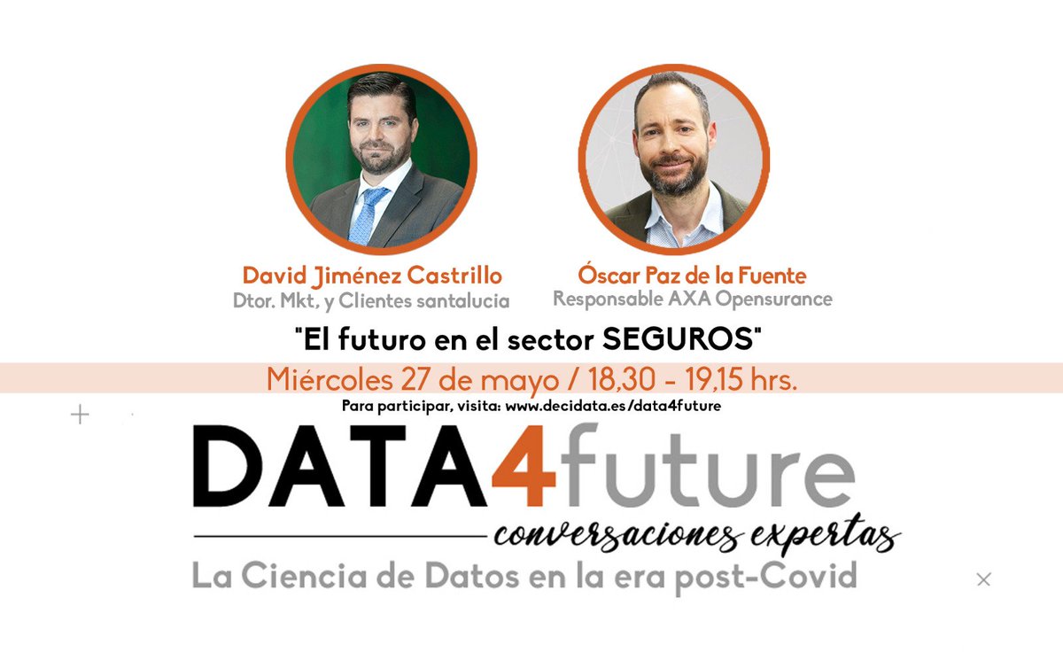 AXAopensurance's tweet photo. 📢 Si te interesan las #tendencias y el #futuro del sector asegurador nos vemos "digitalmente" esta semana en las #ConversacionesExpertas de #Data4Future
#insurtech
🗓 Miércoles 27 mayo 18:30h - 19:15h
Más info e inscripciones 👉 https://t.co/QKwrC7l12h https://t.co/h72q1QbYzj