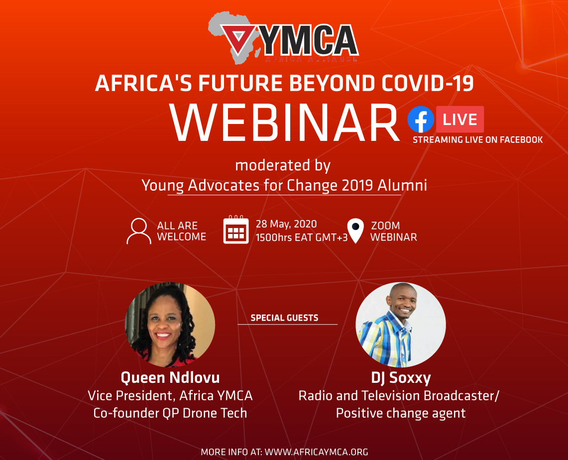 Africa_YMCA's tweet photo. Africa YMCA invites you to a zoom webinar in celebration of Africa Day, on 28th May at 1500hrs EAT GMT+3, under the theme: "Africa's future beyond Covid-19"  Moderated by Young Advocates for change 2019 alumni. 
Register in advance for this webinar:
https://t.co/rtUmgvK23N https://t.co/fgWKn3R0nw