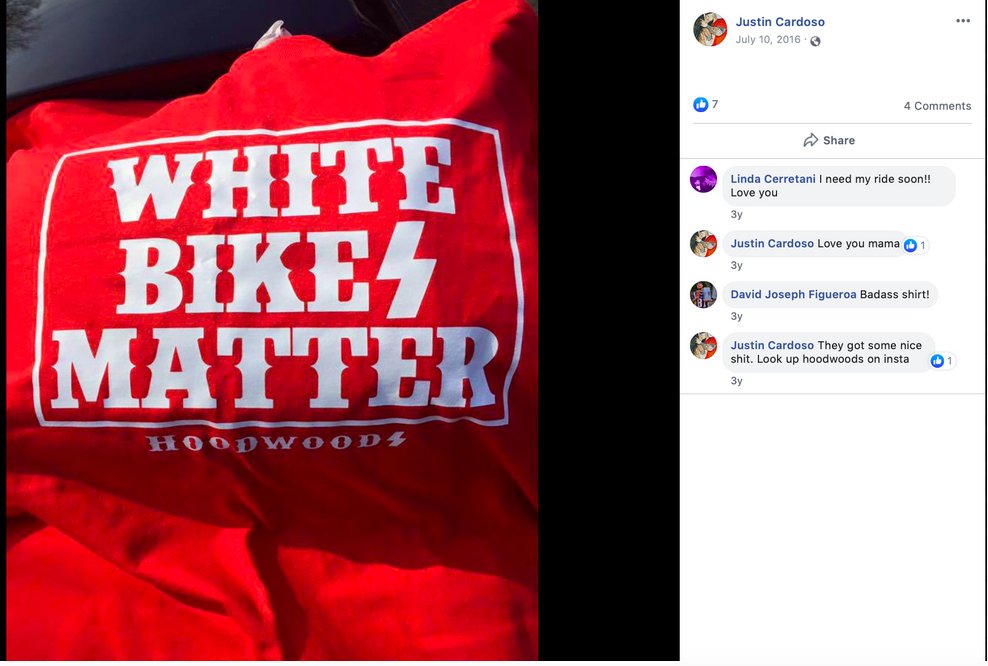 6/ On his Facebook page, Cardoso shows off a t-shirt with the words "White Bikes Matter," stylized with a Nazi SS lightning bolt.
