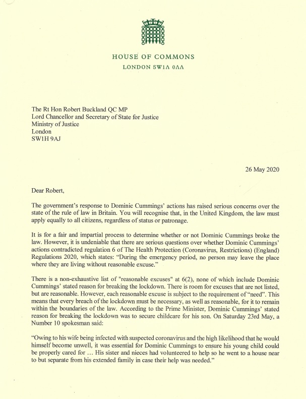 DavidLammy's tweet photo. Today I have written to the Lord Chancellor @RobertBuckland.

Is it now legal for all families, with one or more parent suffering from covid-19 symptoms, to travel to a location of their choice?

The law must apply equally to all citizens, regardless of status or patronage. https://t.co/zie4lcSZ49