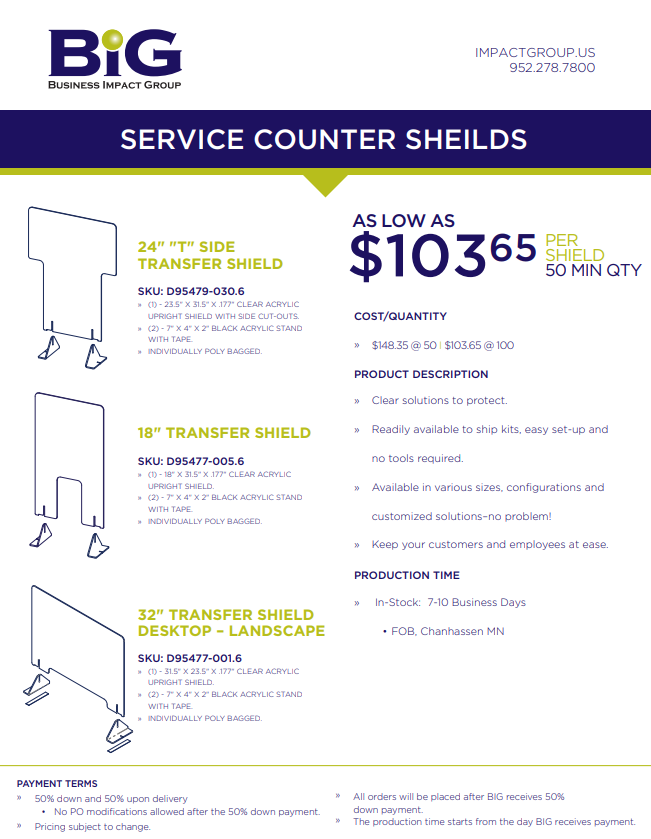 BizImpactGroup's tweet photo. Contact BIG today if you are looking for service counter shields for your organization. These shields are available in various sizes, configurations and customized solutions - no problem! #protectyouremployees #protectyourcustomers #countershields #staysafe #stayhealthy https://t.co/f6spuEOfIo
