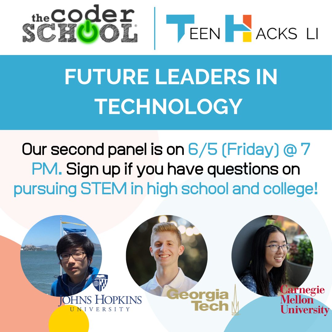 TeenHacksLI's tweet photo. Amazing panel last Friday with @theCoderSchool. Our next panel will be on 6/5 (Friday) at 7 PM. Come to learn from our highly accomplished seniors about applying to college as a STEM applicant! Sign Up: https://t.co/5PswcZhnVX 🔥 https://t.co/P1x4HbaMOQ