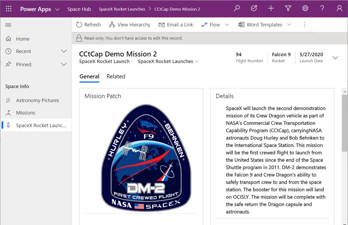CarinaMClaesson's tweet photo. Are you going to follow the @SpaceX Demo-2 mission, starting tomorrow with the launch at @NASAKennedy? 🚀My Space Hub app shows me a cool Mission Patch and tells me the details. @DynamicsNinja I've tested that #PCF control of yours 😀 #PowerApps #PowerPlatform #VirtualEntities https://t.co/kgbQZAwkNC