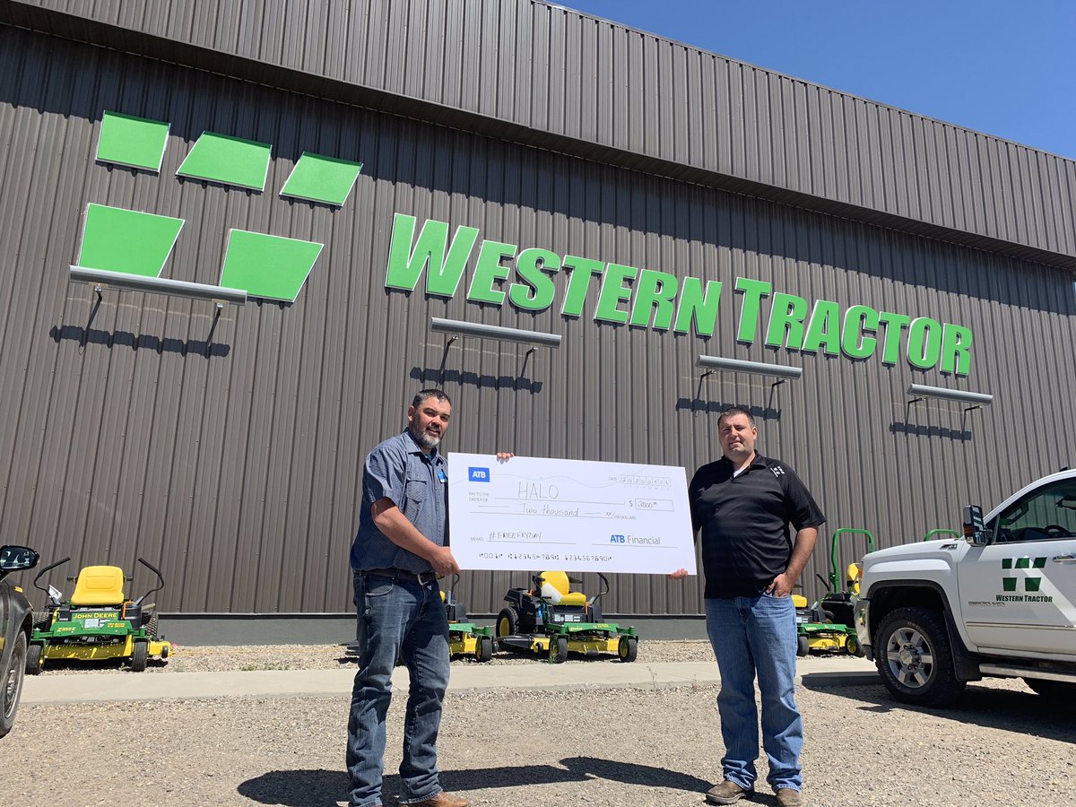 Haloairrescue's tweet photo. Robert Jensen of @atbfinancial stopped by @Westerntractor to drop off a cheque to Western Tractor’s Dallas Smith in support of #freefryday #frenchfriesfeedfarmers #HALOCHALLENGE THANKS! https://t.co/YWyttd6q6S