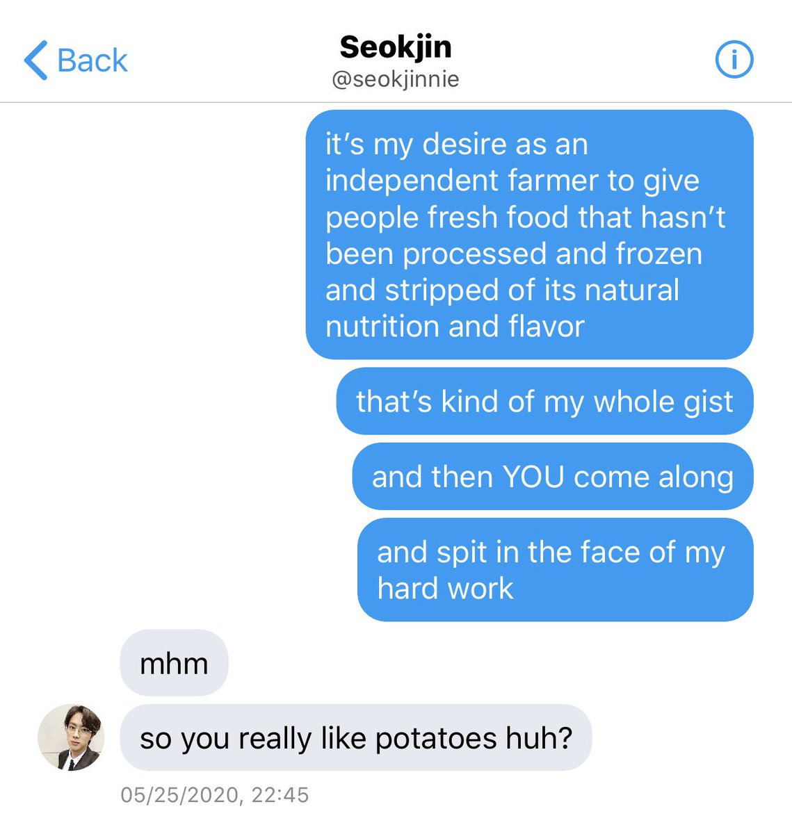 [namjin au] 15- fun fact i just had potato salad for lunch and wondered to myself if farmer joon would have a good recipe, so that’s where my brains at today