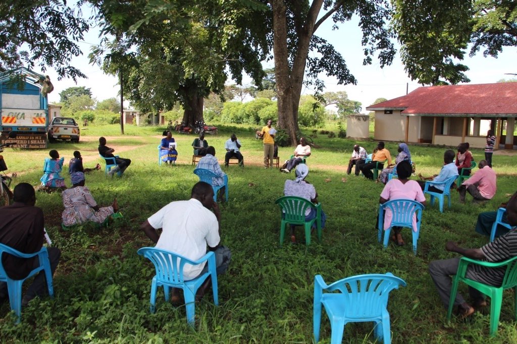 Health talks in Kumi Uganda on fighting COVID were held before the distribution of relief items funded by MD volunteers.  Officials encouraged people to wash their hands with soap, observe #socialdistancing, wear masks &amp; #stayathome whilst cultivating crops to fight COVID19.