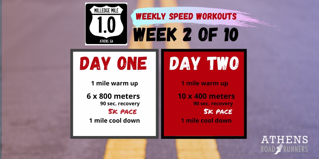 Week 2 of #Training4Milledge Make sure you take at-least one day of recovery between workouts. And if you haven't signed up for Milledge Mile do so here: active.com/athens-ga/runn…