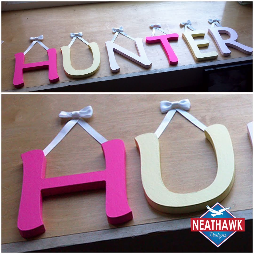 Kids Room Custom Routed Letters with ribbons to hang
8in tall letters
Materials: PVC | Hand painted
Location: Rhode Island
-
Order your custom sign today!
(413) 441-8481
NeathawkDesigns.com
#madeintheberkshires
#theberkshires
#intheberkshires
#signshop 
#womaninbusiness