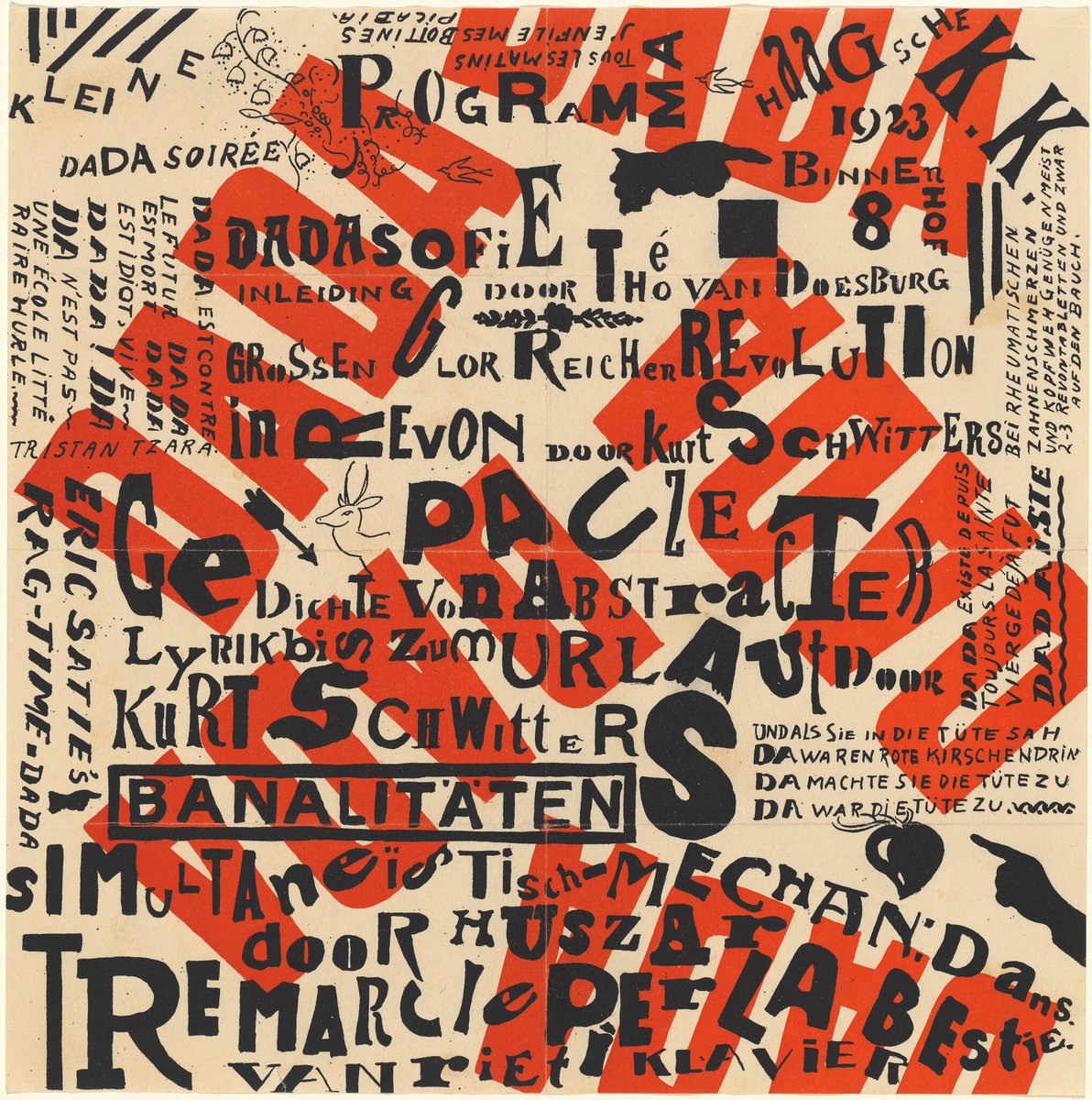 The name “Dada” was plucked from a dictionary in Zurich in 1916. It means rocking horse in French; “yes yes” in Romanian and Russian; or nothing at all.[Theo van Doesburg and Kurt Schwitters, “Kleine Dada Soirée (Small Dada Evening),” 1922]