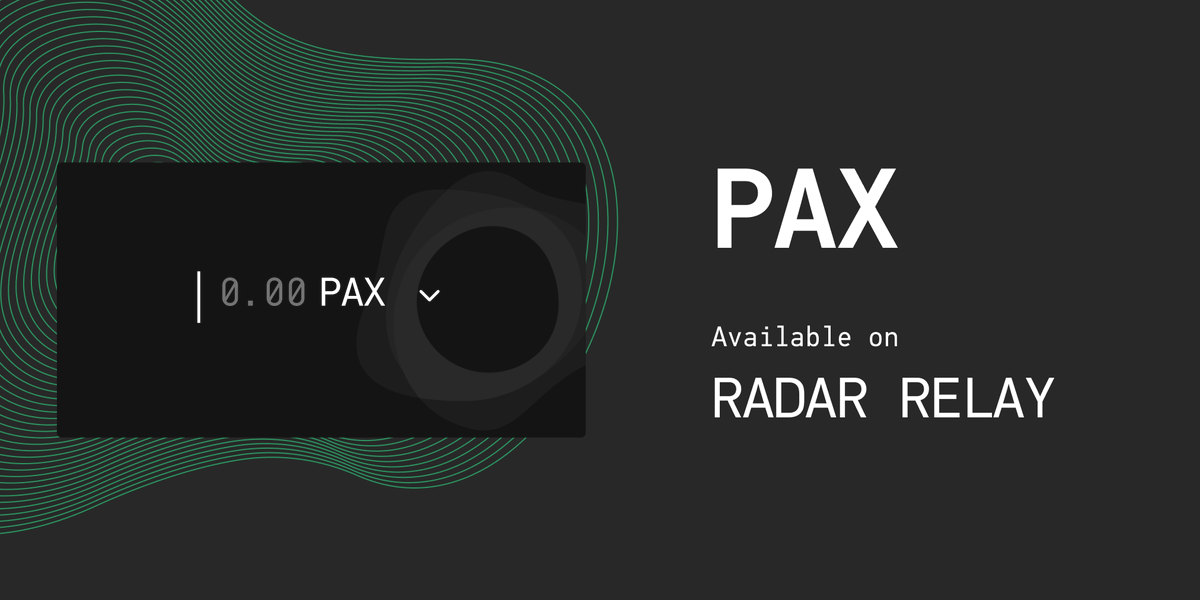 Now available on RADAR RELAY: @paxosstandard(PAX) 

PAX, is the third-largest stablecoin by market cap, backed 1:1 for the US dollar, issued by Paxos Trust Company.

Buy and sell PAX at the best prices on relay.radar.tech