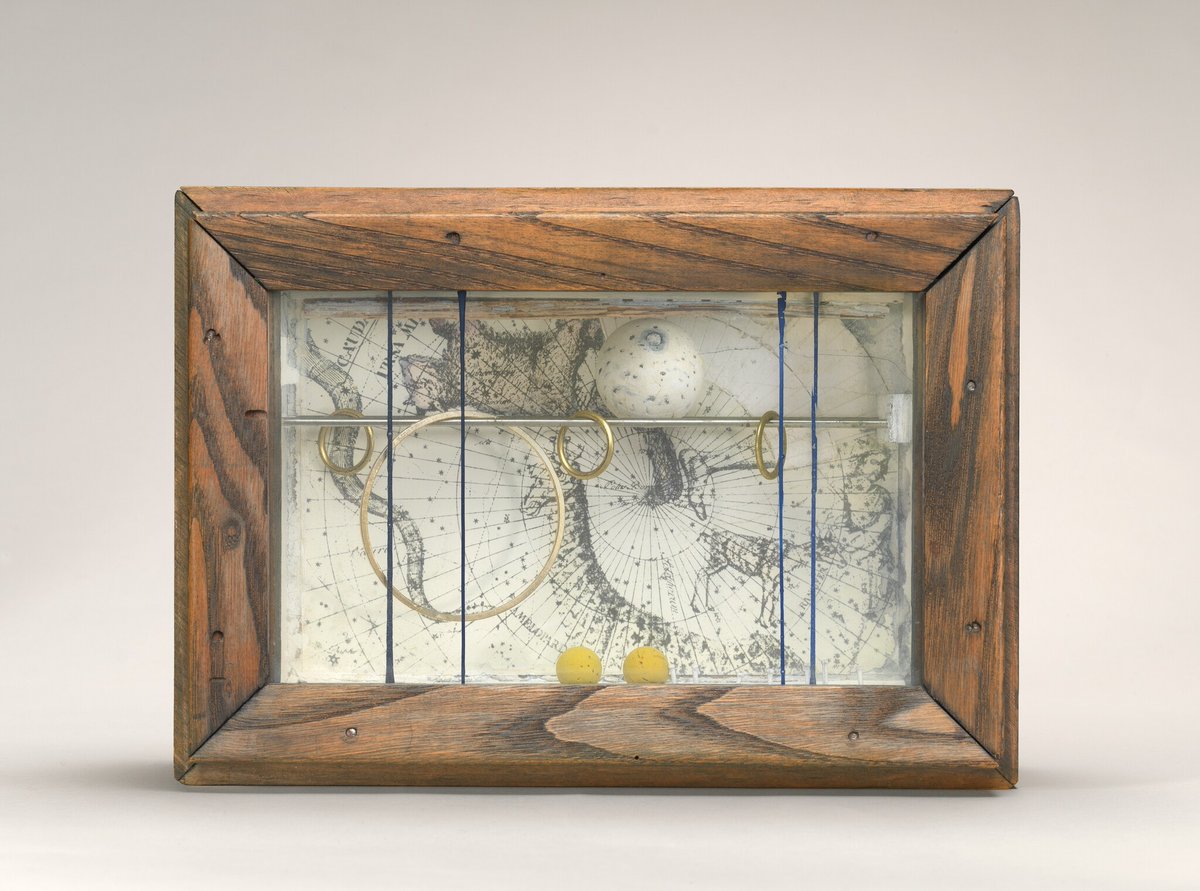 The case includes three works by Joseph Cornell, an artist who used collage and found objects to construct unique box sculptures. Cornell collected thousands of printed images, text ephemera, and 3D objects, which he found in antique stalls and bookshops, among other places.