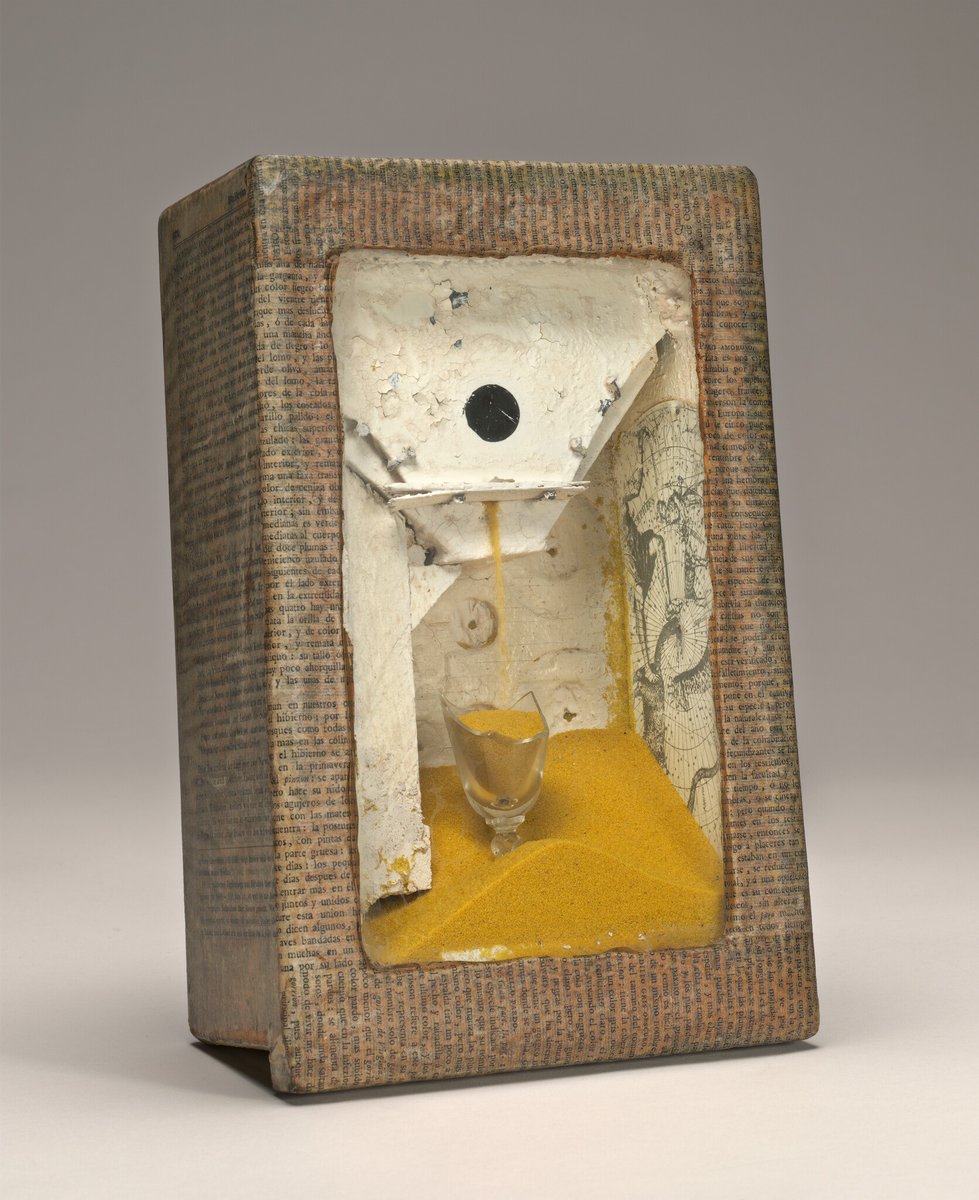 The case includes three works by Joseph Cornell, an artist who used collage and found objects to construct unique box sculptures. Cornell collected thousands of printed images, text ephemera, and 3D objects, which he found in antique stalls and bookshops, among other places.