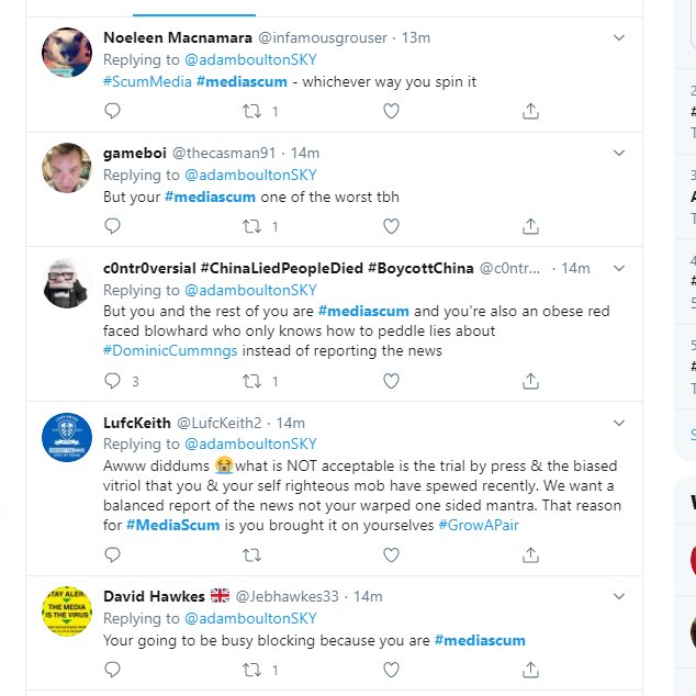 5/ I have tried to show this on the graph. The green edges and lines indicate 'replies', you can see the sheer volume of replying to  @adamboultonSKY with the hashtag "media scum". There's also a screenshot of tweets at Adam, to see how this looks IRL. Industrial trolling