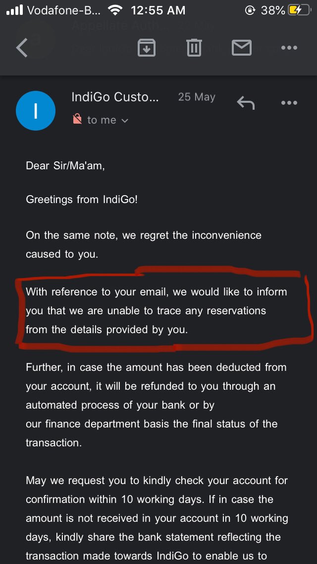  @IndiGo6E I will further elaborate on the case. On 22nd May, my txn did not complete due to some error at Indigo, money was debited from my a/c, but no PNR was generated. On enquiring over mail, it was confirmed that there’s no booking against my txn/name/bookingDate.