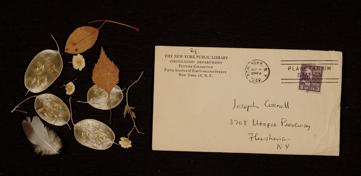 You can find some of this material in the Joseph Cornell Study Center at  @americanart and  @ArchivesAmerArt:  http://s.si.edu/3d8ehVC  [Envelope containing leaves, flowers, and a feather collected by Joseph Cornell dated August 4, 1949]