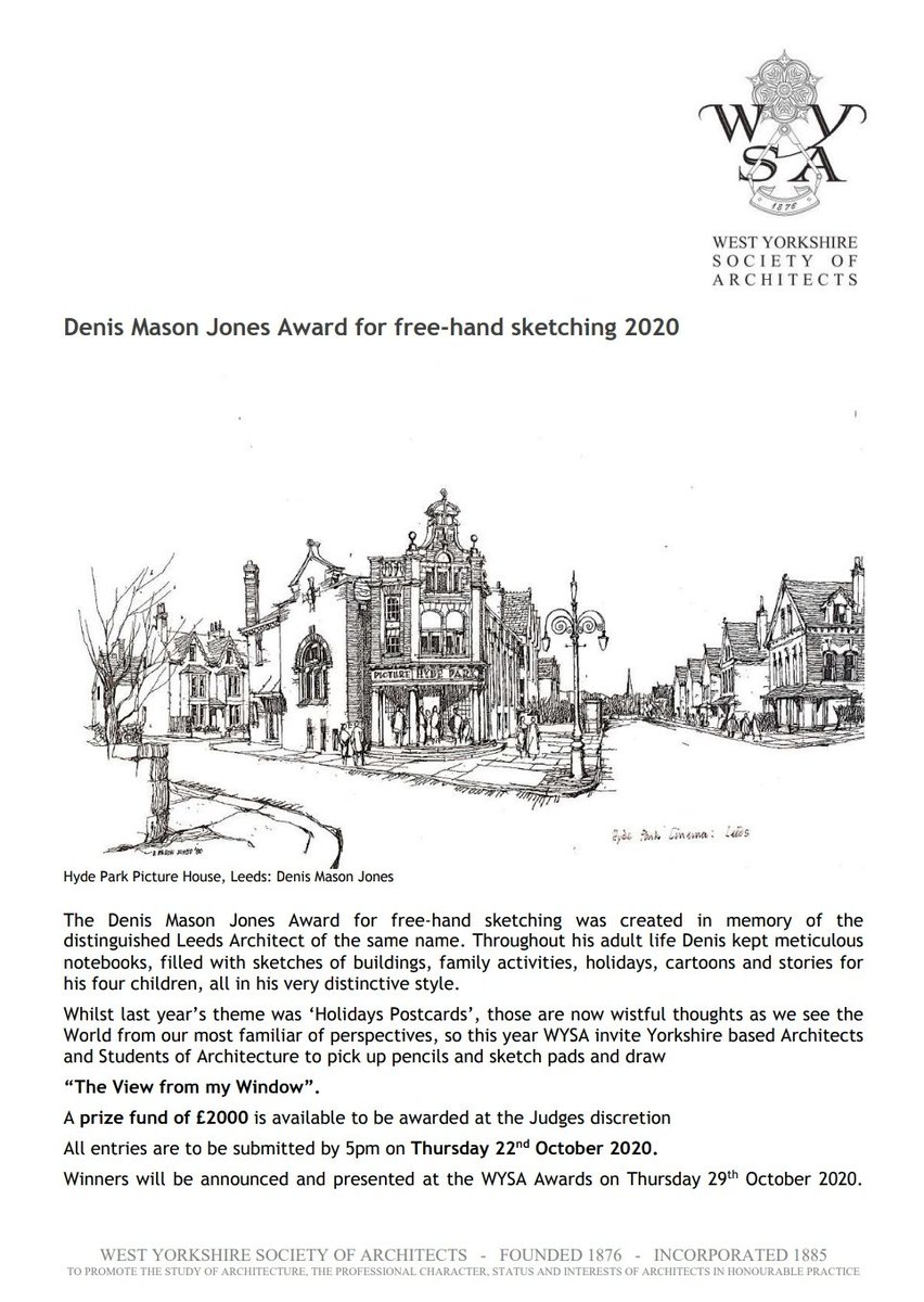WYSA1876's tweet photo. Hello everyone! 👋 Hope you are keeping safe. Amazing news here!
We are launching our annual Denis Mason Jones Sketching Competition! This year's theme is 'The View from my Window'
@ArchitectureSHU @ADAHuddersfield @LBU_LSA @LeedsUniEng @AandDLeeds @UniversityLeeds @sheffielduni https://t.co/t88HQA5WVh
