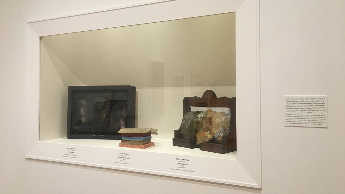 Across the room you will find three resin and found object sculptures made during the 1980s by the innovative artist Stella Waitzkin.These sculptures were given to the Gallery in 2019 by the Waitzkin Memorial Library Trust. 2020 is the centennial of the artist’s birth.
