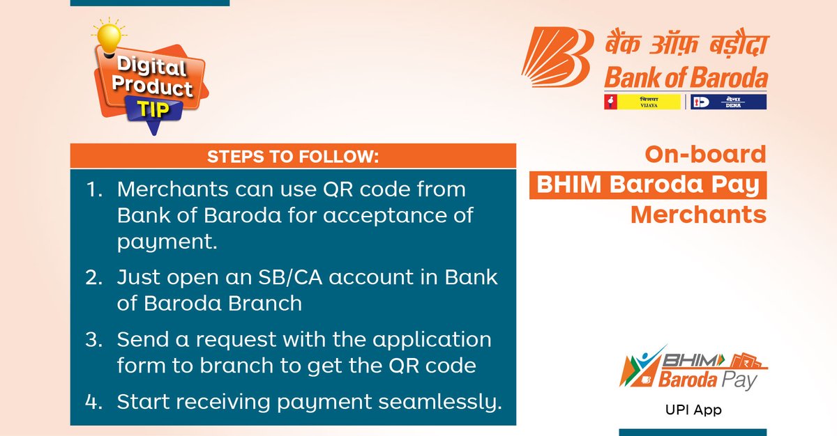 bankofbaroda's tweet photo. Merchant payments have never been so easy and effortless with #BHIM #BarodaPay app, #BankofBaroda helps you get on board with merchant payments using these easy steps. Benefit from the banks internet banking services. #DigitalProductTip #GoDigital #StaySafeBankSafe https://t.co/4tjBRE07SQ