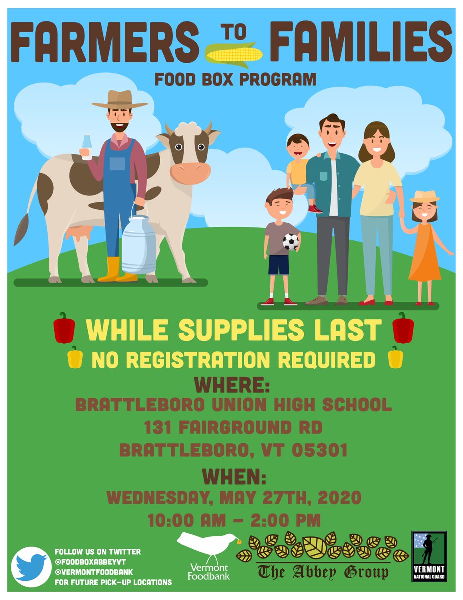 Tomorrow's event is @ Brattleboro HS! All #Vermont #FarmerstoFamilies pick-ups are from 10a-2p and fresh food boxes are available while supplies last. Please attend the event closest to you. Keep checking back for updates on upcoming dates and locations!