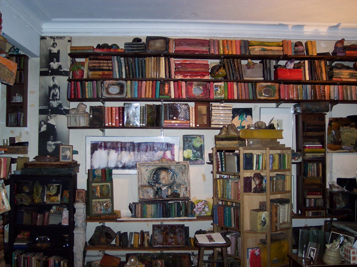 A bit of a recluse, she worked out of her apartment in Manhattan’s Chelsea Hotel. Her apartment doubled as her art studio, and her walls were covered with bookshelves, all filled with her resin-cast books and other sculptures.: Waitzkin Memorial Library Trust