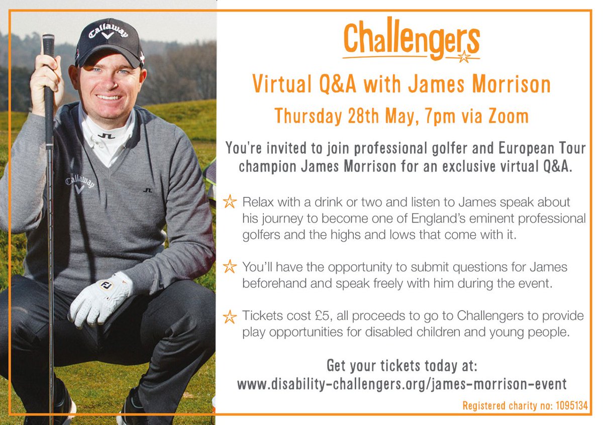 D_Challengers's tweet photo. Only two days to go until our virtual Q&amp;A with pro golfer and European Tour champion James Morrison! Tee off is at 7pm on Thursday and tickets are just £5. Find out more 👇
https://t.co/kWi8bCdvRR https://t.co/PncavY6KXv