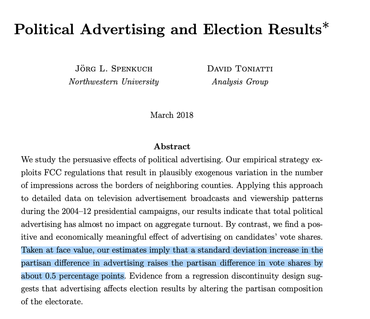 So many smart people I know are convinced that presidential campaign ad spending operates in a terrain of sharply diminishing returns, but I think the best evidence says otherwise.