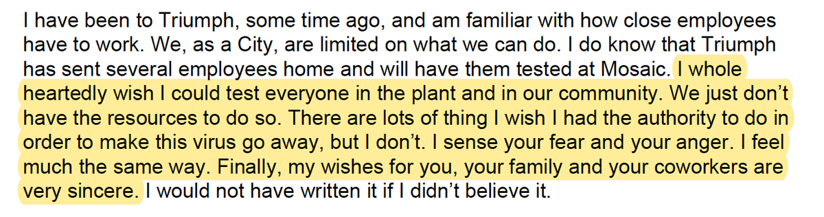 In this series of emails. a  @Triumph_Foods employee asked St. Joseph health officials about social distancing + testing. The health official responded that she wanted to test everyone in the plant but the city was limited in what it could do. 9/10