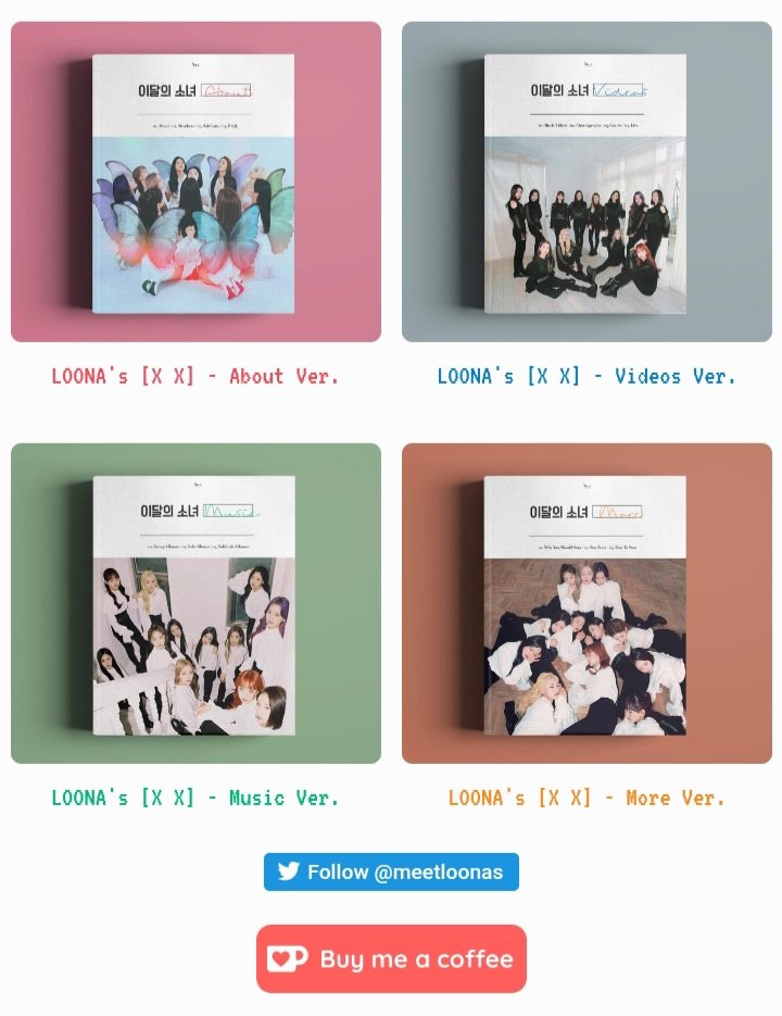 (if you click on the photo, it should bring you to different versions of the guide to Loona carrd, including the about section, video section, music section, and misc.)