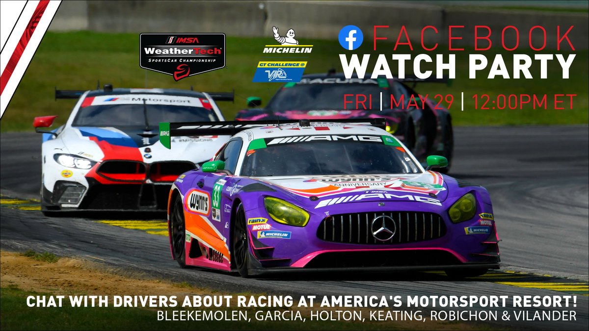 IMSA's tweet photo. Join us this Friday for a Facebook Watch Party of the 2019 Michelin GT Challenge at @VIRNow!

Don't forget to bring questions to ask IMSA drivers live in the chat!

#IMSA / #MichelinVIR https://t.co/cmrlryltGG