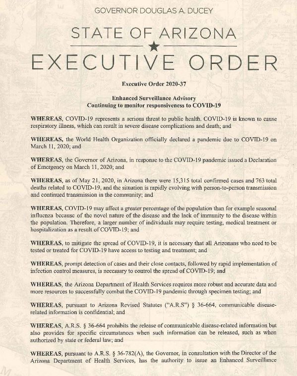StateLibAZ's tweet photo. Most current list of COVID-19 related Executive Orders from Governor Doug Ducey as of May 26, 2020 at 9:00am (31 total).
Includes the most recent Executive Order: Enhanced Surveillance Advisory.
https://t.co/w84AJNSSlS
#ArizonaStatePublications #COVID19inAZ https://t.co/VzoPxKBqyo