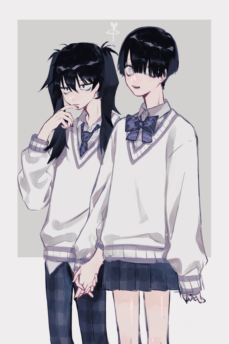 black hair skirt plaid pants 1boy school uniform holding hands bow  illustration images