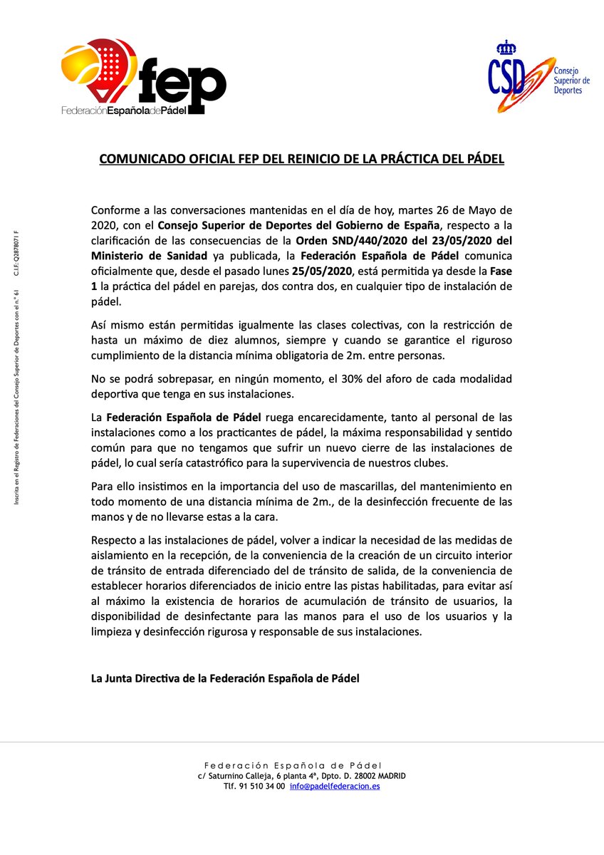 COMUNICADO OFICIAL FEP DEL REINICIO DE LA PRÁCTICA DEL PÁDEL