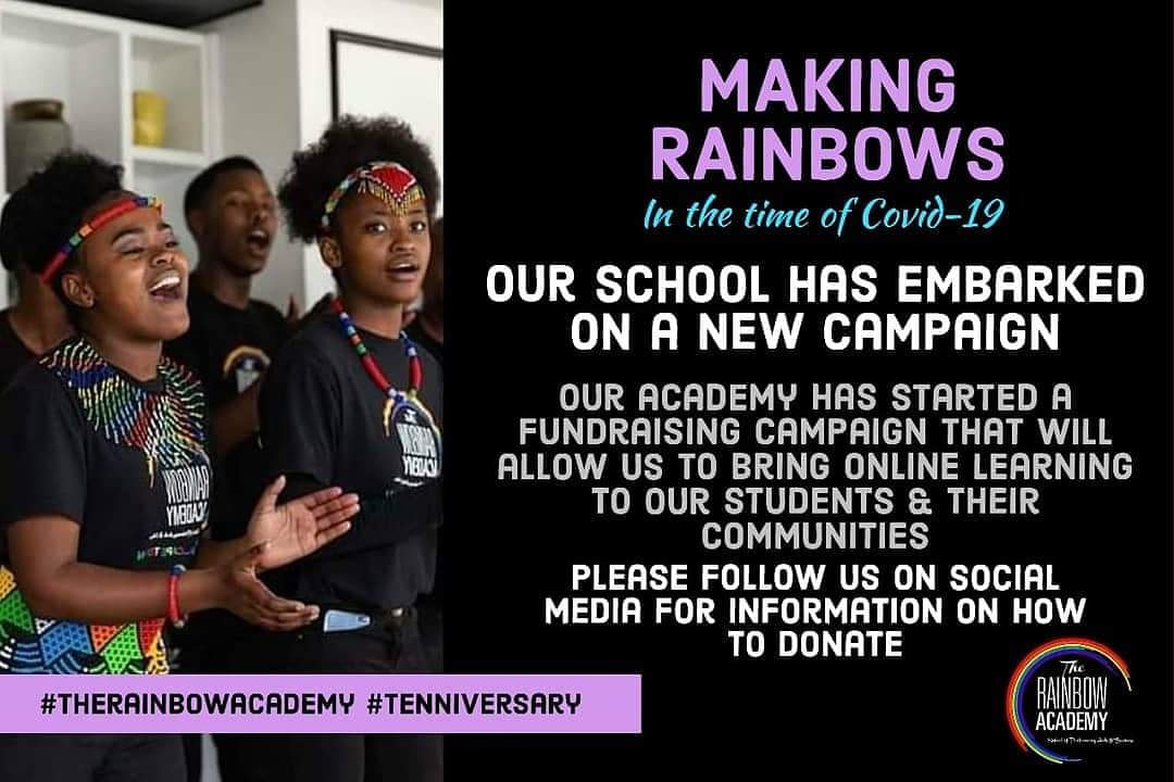 MAKING RAINBOWS IN THE TIME COVID 19 - SOUTH AFRICA🌈. 
ALL DONATIONS ARE WELCOME. PLEASE SHARE, SUPPORT, DONATE. 
LINK IN OUR BIO ☺

#onlinelearning #therainbowacademysa #makingrainbowsinthetimeofcovid #keepstudentslearning #riseofthechildren #10yearRA #2020vision