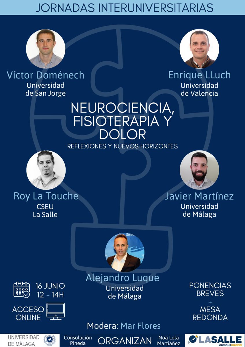 Jornadas Interuniversitarias: NEUROCIENCIA, FISIOTERAPIA Y DOLOR. REFLEXIONES Y NUEVOS HORIZONTES el 16 de Junio de 12 a 14 horas. Información en el cartel e inscripción en este enlace forms.gle/CmxQhLNh9pVoTf…