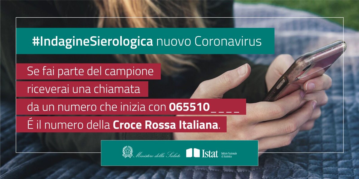 MinisteroSalute's tweet photo. Al via l'#IndagineSierologica sul nuovo #coronavirus.

Tutti coloro che sono parte del campione selezionato da @istat_it verranno chiamati al telefono da un numero che inizia con 065510..., è il contatto della @crocerossa.

Info su⤵️
https://t.co/tqeFZWaNp3

#COVID19italia https://t.co/VoxTCEeEN9