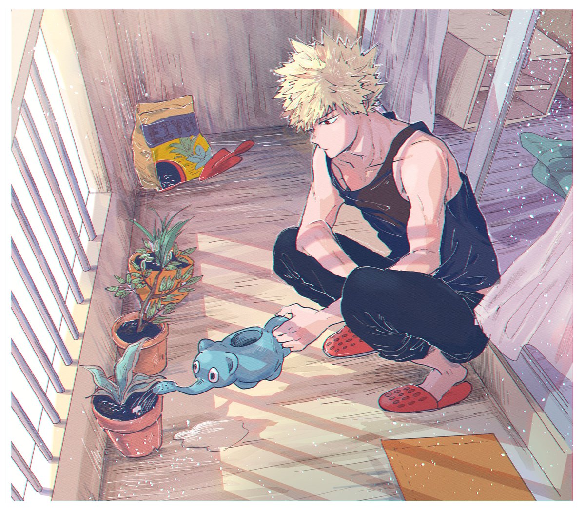 bakugou katsuki 1boy male focus blonde hair tank top watering can spiked hair black tank top  illustration images