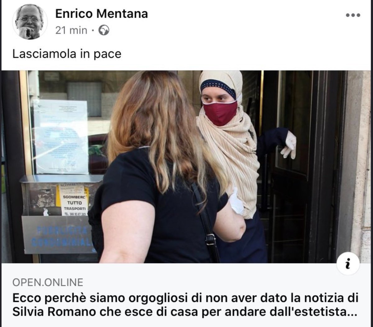 Non mi assoceró al coro di perculate nei confronti del giornale di Mentana che ha affermato, con un articolo sulla vicenda di Silvia Romano, di non aver raccontato della vicenda di Silvia Romano